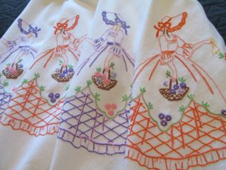 Vintage Hand Embroidered Linen Tablecloth - Crinoline Ladies & Floral 
