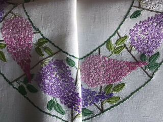 Exquisite Vintage Linen Hand Embroidered Tablecloth Lilac Blossoms