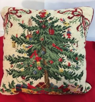 Vintage Hand Crafted Needlepoint Christmas Tree Throw Pillow Red Back 12 " Square