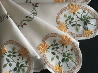 Exquisite Vintage Linen Hand Embroidered Tablecloth Orange Roses & Rose Buds