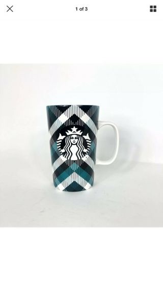Starbucks Teal White Black Mermaid Plaid Coffee Cup Tea Mug 16oz.