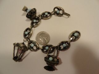 Antique Italy Bracelet Silver 800 Etruscan 3 Charms With Glass Old Italian