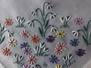 Gorgeous Vintage Fine Linen Hand Embroidered Tablecloth Snow Drops & Daisies