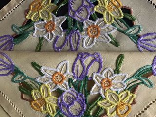 Vintage Yellow Irish Linen Hand Embroidered Tablecloth Spring Florals