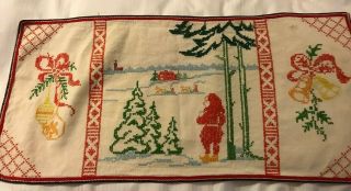 Swedish Vintage 1930s Linen Table Runner,  Father Christmas In The Snowy Forest