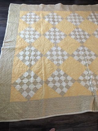 Vintage Hand Stitched Quilt.  Yellow,  Cream,  Tan And Red Perfect 70x83