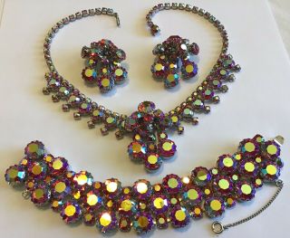 Vintage Juliana D & E Red Borealis Rhinestone Necklace Bracelet & Earrings
