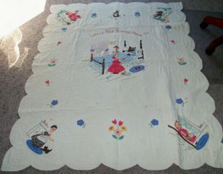 Vintage Little Red Riding Hood Storybook Applique Embroidery Crib Quilt 50 X 65