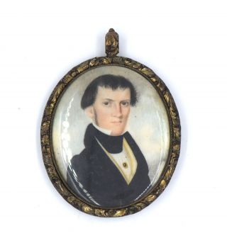 Antique Victorian Hand Painted Portrait Miniature Mourning Pendant Hair Gold Fil