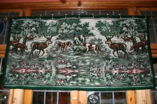 Vintage 66 " X 33 " Woven Cotton Hunting Scene Tapestry/wall Hanging.