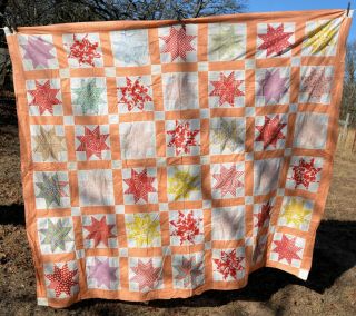 Vtg Hand Pieced 8 Point Star Quilt Top Unfinished 72x83 " Peach,  Red,  Mixed Color