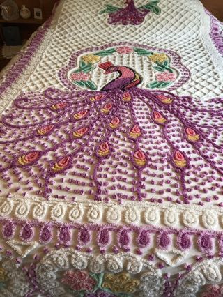 Vintage Peacock Chenille Bedspread Full Size Ec