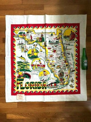 Nos Vintage 50s Florida Souvenir Tablecloth W Tag Pre Disney Mcm Mid Century Map