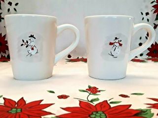 Set Of 2 Williams Sonoma Snowman Coffee Tea Mugs Cups White Holiday Winter