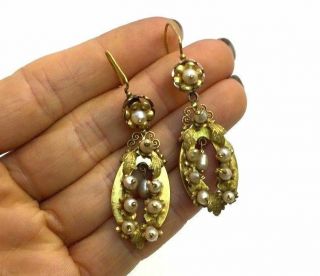 Antique Victorian 9k Solid Gold Flower And Pearl Filigree Long Drop Earrings
