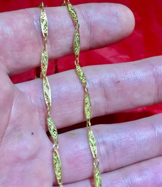 Antique Victorian Solid 14k Yellow Gold Filigree Chain Necklace Watch Fob 20.  5”