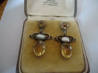 Arts & Crafts - Guild Of Handicraft - Silver - Citrine - Pearl Earrings - Hooks - Very Rare