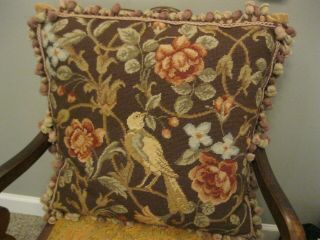 Antique Wool Aubusson Pillow Needlepoint Floral Bird Acorn Tassels 20 " Victorian