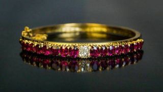 Antique Victorian Era Ruby & Diamond 18k Yellow Gold Over Bangle 7.  75 " Bracelet