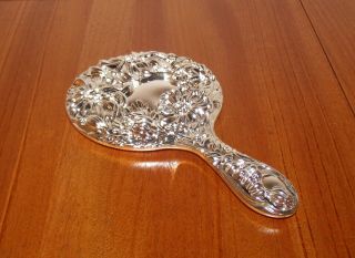 Art Nouveau Styled Silver Plate Hand Mirror W/repousee Work & Monogramming Plate