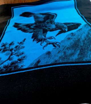 Vintage San Marcos Blanket Eagle Black Blue Heavy Reversible 72 X 92