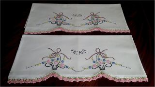 Lovely Vintage White Cotton Pillow Cases Hand Embroidered Baskets His Hers Lace