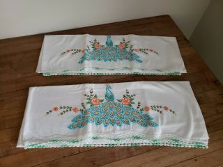 Vintage Embroidered Pillowcases Blue Peacocks Flowers White Crochet Trim