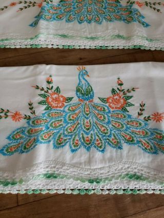 Vintage Embroidered Pillowcases Blue Peacocks Flowers White Crochet Trim 2