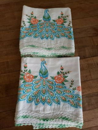 Vintage Embroidered Pillowcases Blue Peacocks Flowers White Crochet Trim 3