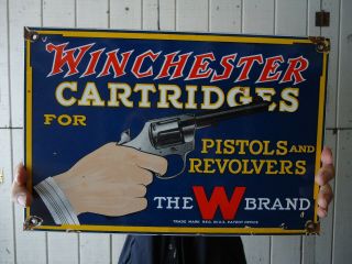 Old Vintage Winchester Cartridges Porcelain Enamel Sign Pistols " The W Brand "
