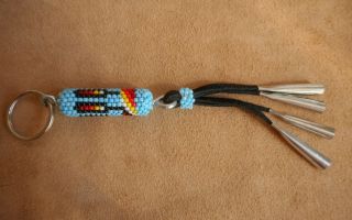 Navajo Indian Bead Work Key Chain Leather Tin Cones Bright Native American Az