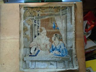 Antique Berlin Woolwork Tapestry.  Two Girls By A Window.  Circa 19th.