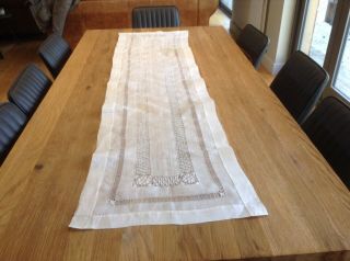 Vintage Snowy White Linen Pina? Table Runner With Madeira Design Hand Drawn Work