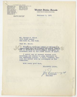 J.  William Fulbright - Signed Letter (tls),  1965 To George Fielding Eliot,  Wwi