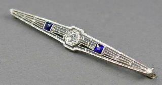 Fine Antique Art Deco 18k White Gold Platinum Diamond Sapphire Bar Brooch Pin B