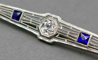 Fine Antique Art Deco 18k White Gold Platinum Diamond Sapphire Bar Brooch Pin B 2