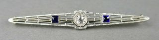 Fine Antique Art Deco 18k White Gold Platinum Diamond Sapphire Bar Brooch Pin B 3