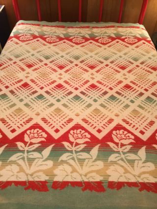VINTAGE Beacon Style Camp Blanket Art Deco Red Green Tan Tulips Double Bed 2