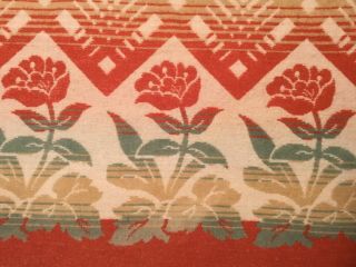 VINTAGE Beacon Style Camp Blanket Art Deco Red Green Tan Tulips Double Bed 3