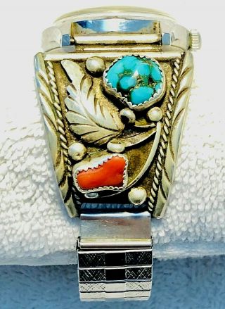 Vintage Navajo Sterling,  Turquoise & Coral Watch Band,  Old Pawn,  Ebel Watch