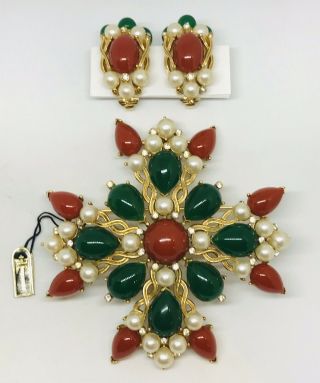 Large Vintage Crown Trifari Jewels Of India Kashmir Cabochon Pin/pendant Set
