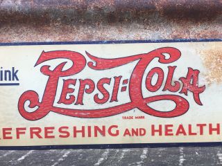 Vintage 1930s Double Dot Pepsi Cola Refreshing Healthful Tin Sign 5 Cent Metal 3