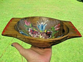 Vtg Mexican Batea Folk Art Hand Painted Floral Oval Wood Decorative Tray Bowl