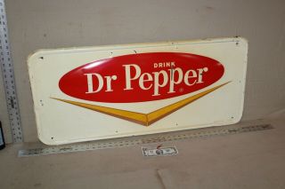Scarce 1950s Drink Dr Pepper Embossed Metal Sign Soda Pop Chevron Texas Gas Oil
