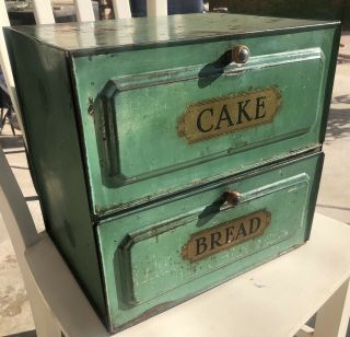 1920s Rare Antique Vtg Green Tin & Litho Label Quality Bread Biscuit Cake Box