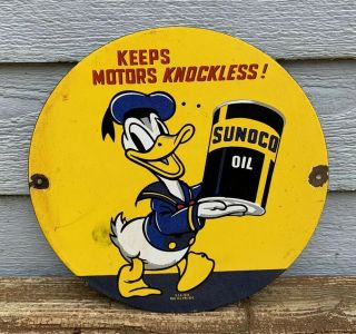 Old Vintage 1939 Sunoco Motor Oil Porcelain Gas Pump Sign Donald Duck Disney