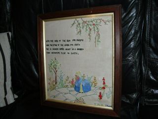 Vintage Hand Embroidered Picture Panel/framed - Crinoline Lady,  & Poem,  Dated 1969