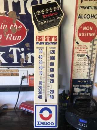 Delco Battery Fast Starts.  Advertising Thermometer.  Sign,  Gas,  Oil