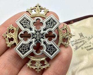 Rare Boxed Antique Victorian Scottish 9ct Gold Enamel Crown /cross Silver Brooch