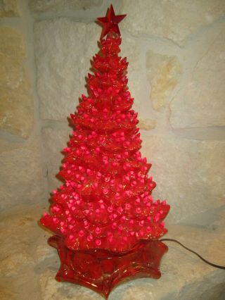 Stunning Vintage Red And Gold Ceramic Christmas Tree 21 1/2inches Base Lights Up